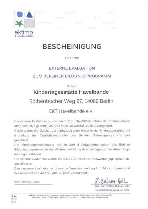 Ektimo-Zertifikat 2013 der Havelbande