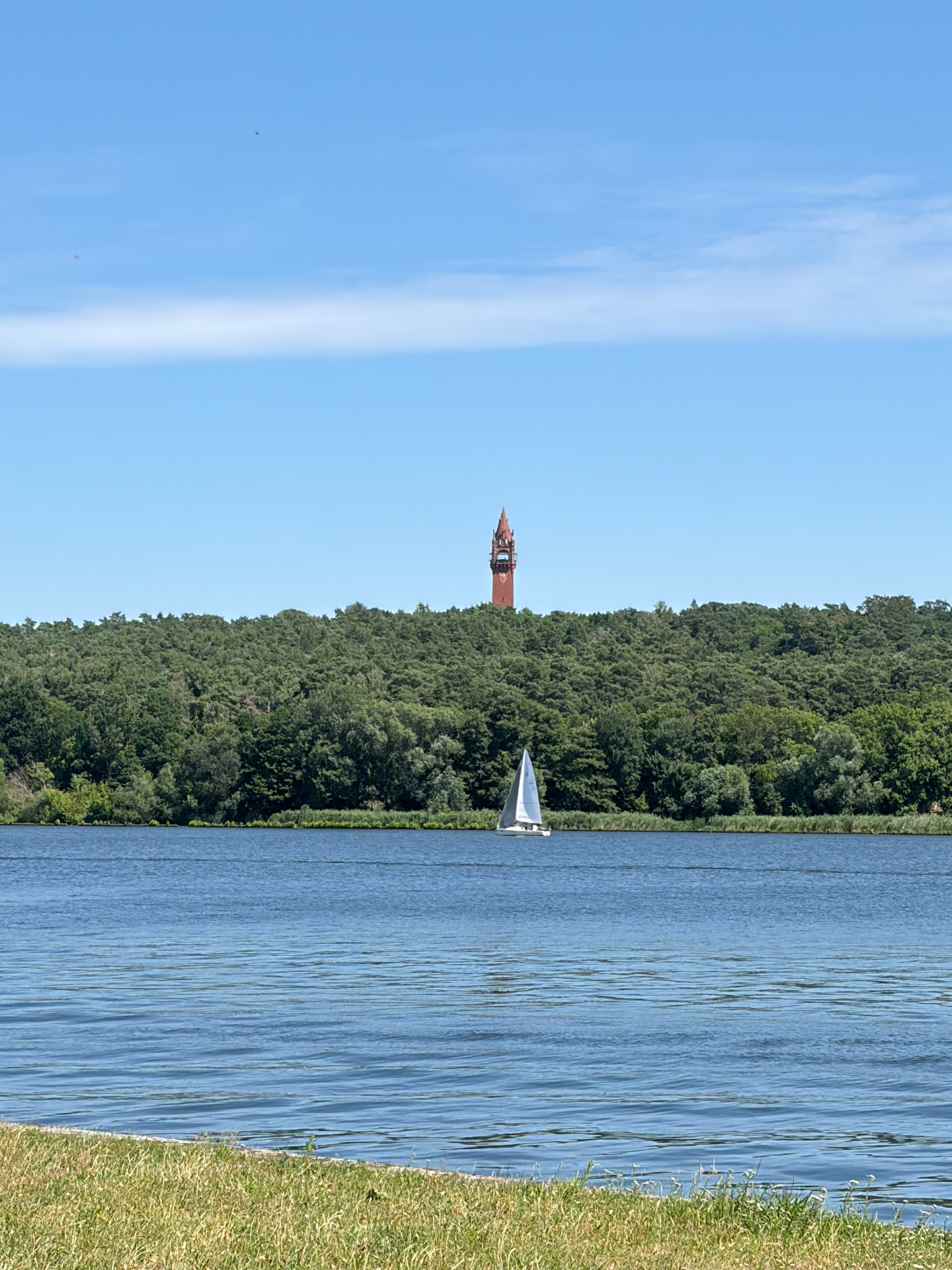 Blick über die Havel auf ein Segelboot, Wald und den Grunewaldturm