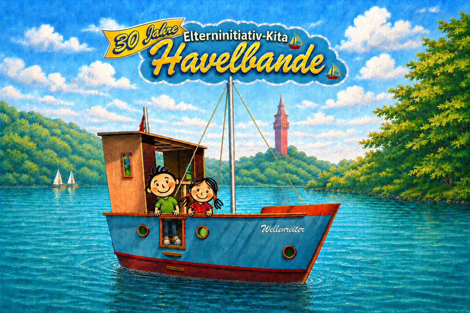 Illustrationsmotiv der Havelbande: das Boot Wellenreiter mit zwei Kindern auf der Havel