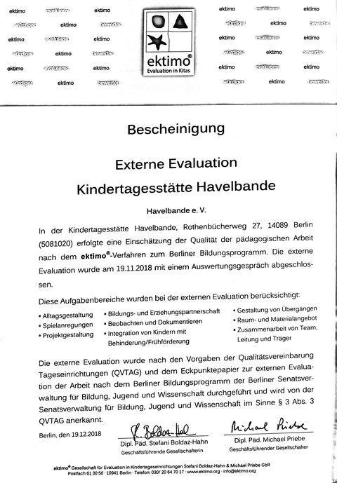 Ektimo-Zertifikat 2018 der Havelbande
